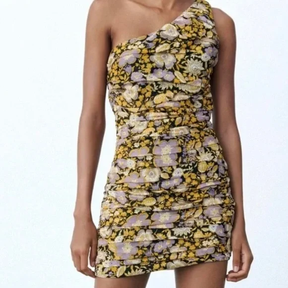 Zara One Shoulder Floral Ruched Gathered Mini Dress. - Picture 2 of 7